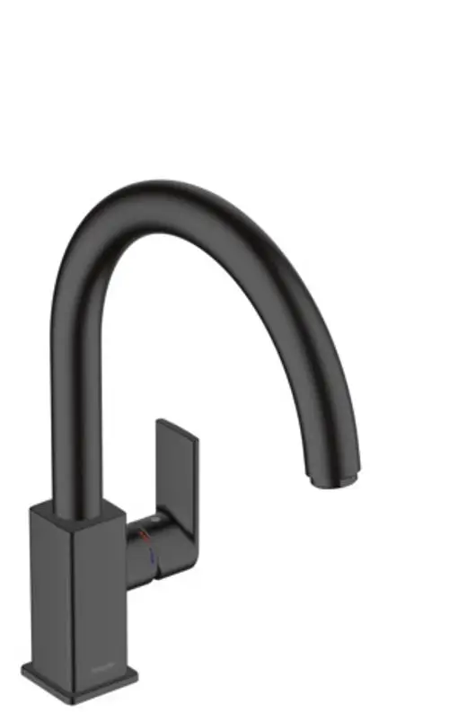Schwarzer Einhebel-Spültischmischer mit langer Auslaufhöhe und quadratischer Basis von Hansgrohe. Der Hebel zur Temperaturregelung ist an der Seite angebracht.